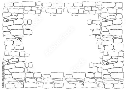 Rough hand drawn sketchy brick wall frame border with irregular edges and large central copy space design element white background distressed
