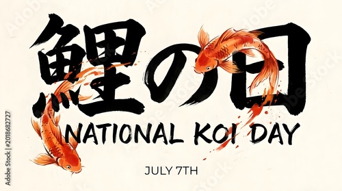Modern Japanese National Koi Day Typography Poster with Black Ink Brush Lettering and Vivid Orange Koi Fish Splashing on Cream Rice-Paper Background in Sumi-e Style