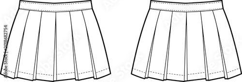 Technical flat sketch of a women's pleated mini skirt, box pleat tennis skirt vector illustration, front and back view, apparel fashion CAD design.