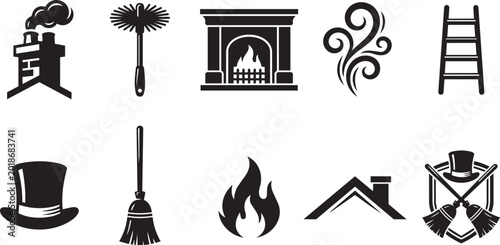 Black icons illustrating chimney cleaning services and fireplace upkeep