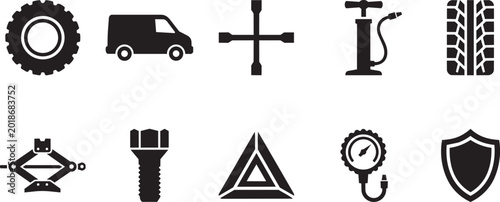 Fotografi Silhouette icons of auto repair and tire services for garages and mechanics