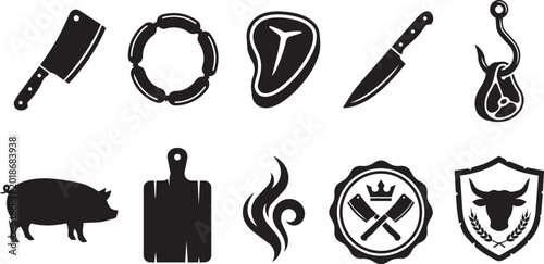 Tableau sur toile Meat cuts and grilling tools represented as solid icons for butcher shop and bar