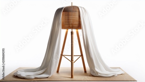 bamboo and white linen floor lamp with tripod base isolated on white background