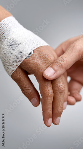 Caring hands: supportive touch with bandaged hand