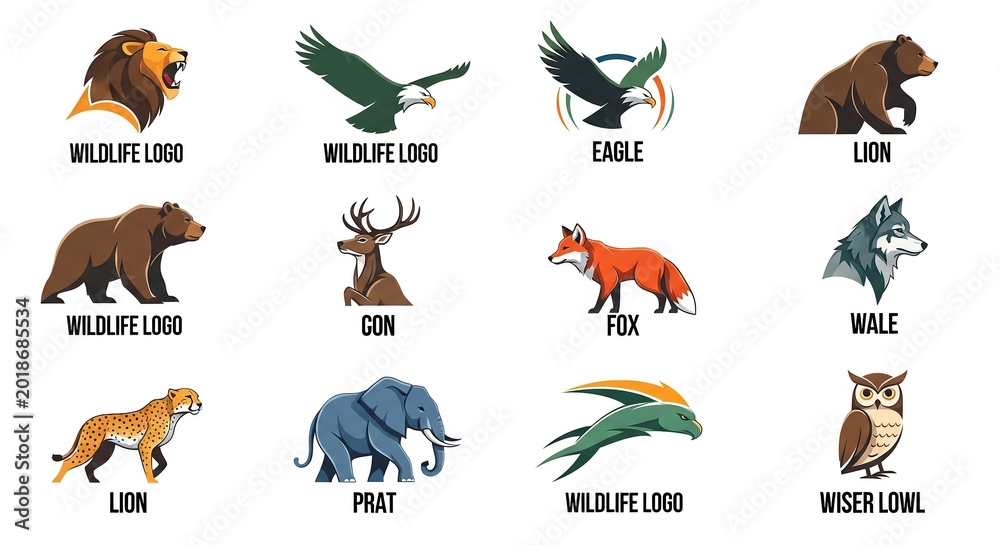 Fototapeta premium Wildlife animal icons set with eagle lion bear deer fox owl parrot