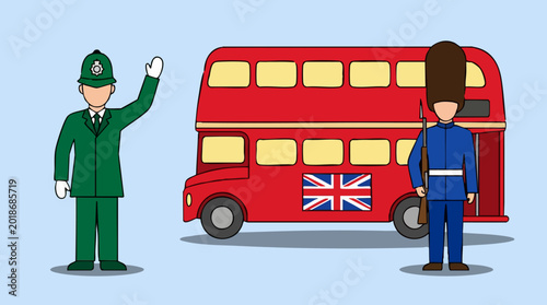 Fotografie London Travel Symbols: Police Officer, Royal Guard, and Double-Decker Bus