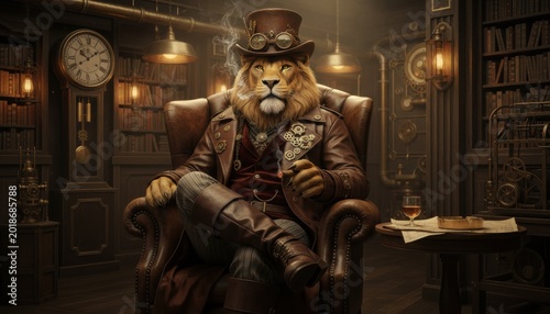 Fashionable steampunk lion enjoys a cigar in a gentlemen club filled with vintage charm