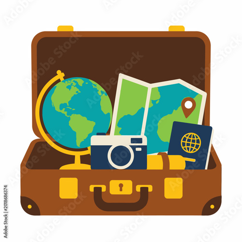 Flat illustration of an open travel suitcase packed with vacation items.