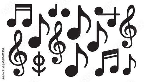 Foto Music notation symbols featuring treble clef eighth notes quarter notes and rhythmic accents