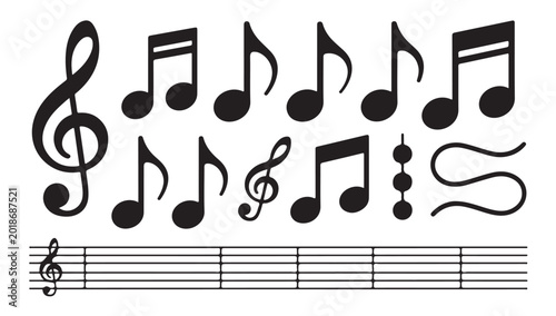 Konstfotografi Set of black music notes and symbols isolated on white background with stave lines illustration