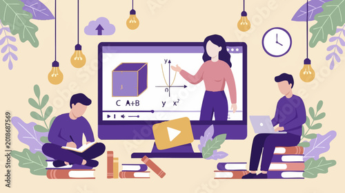 Students Learning Mathematics Online with Digital Teacher Illustration