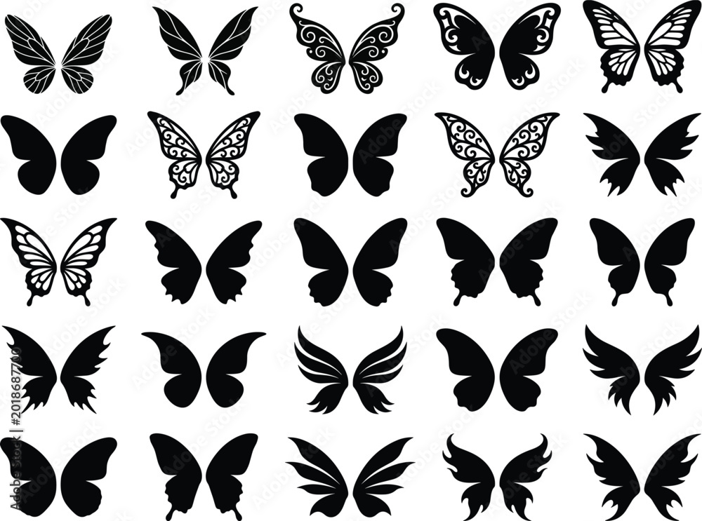 Fototapeta premium Fairy Wings Silhouette Icons Set - Black Vector Collection