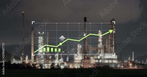 Industrial business concept with rising financial graph overlaying oil refinery plant at night. Symbolize increasing oil prices, refinery operating costs and growth in global power and energy sector.