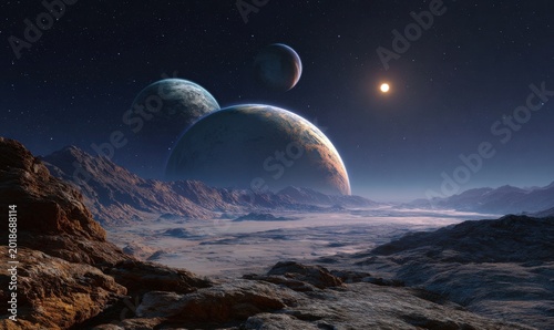 Obraz na płótnie Alien Planet Landscape with Multiple Moons and Distant Star.