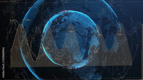 Dot-matrix globe rotating on data pulse, ring shifting while waveform rising to show global trends