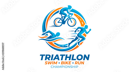 Dynamic logo for a triathlon championship featuring stylized figures of a swimmer, cyclist, and runner in a circular design, emphasizing movement and competition.