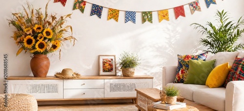Festa Junina decor with sunflowers in cozy living room setting, suitable for background