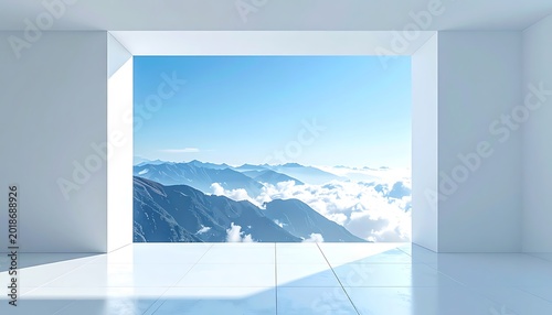 Bright, modern architectural interior framing a stunning vista of sunlit mountain peaks above clouds, clean lines, expansive view, serene atmosphere, digital art