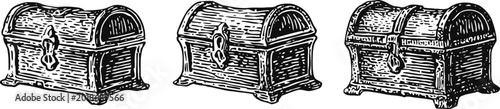 vintage treasure chests set antique wooden boxes with metal locks and hinges, hand drawn engraving