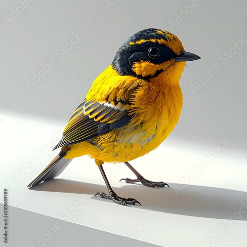 Bright yellow and black small bird standing on a white surface, detailed feathers, clean lighting, natural pose