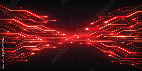 Εκτύπωση καμβά Red glowing circuit board lines on dark technology background, futuristic digita