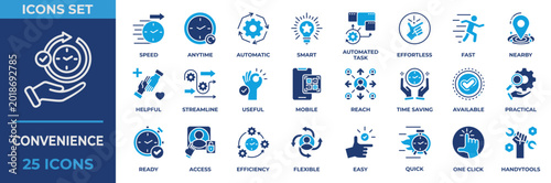 Convenience Icon Set Solid Blue Style. With icon automatic, task, effortless, fast, nearby mobile, reach, time saving, available and more. Flat Blue Vector Illustration.