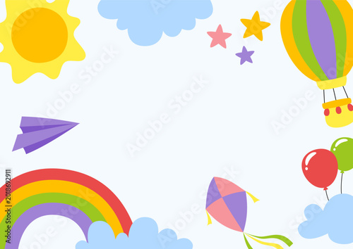 colorful background with balloons  sun  and clouds