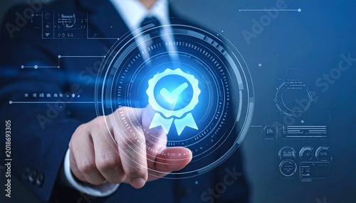 Businessman interacts with futuristic digital quality assurance badge, emphasizing high standards, certification, and business excellence