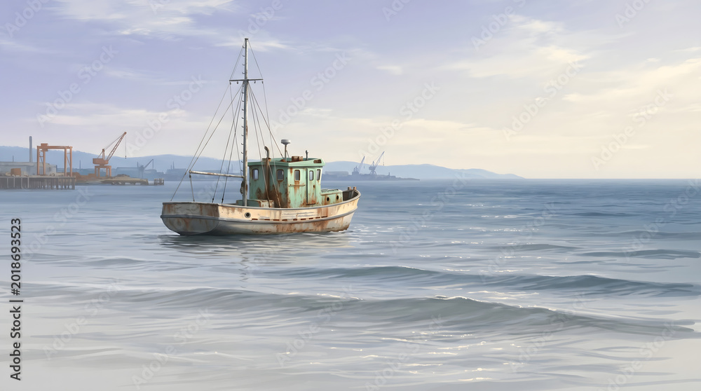 Fototapeta premium A vintage fishing boat rests on calm water with a distant industrial harbor in the background