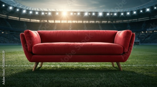 Modern red scandinavian sofa placed in the middle of an empty illuminated soccer stadium.