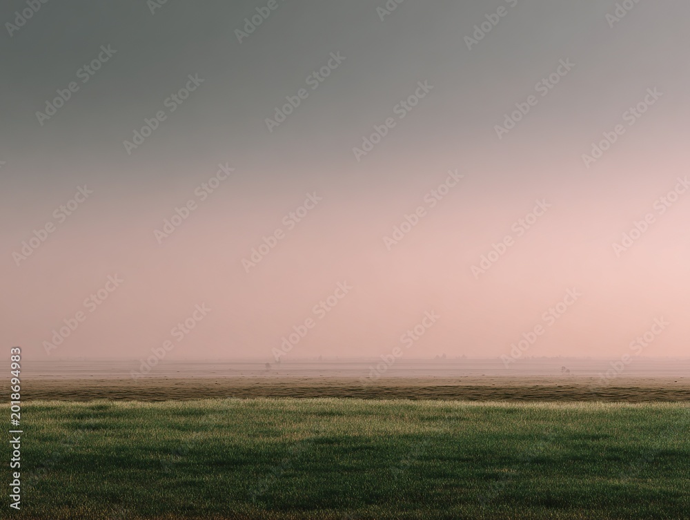 Fototapeta premium Low-Saturation Gray-Pink Skyline Meadow, Minimal Commercial Design Background