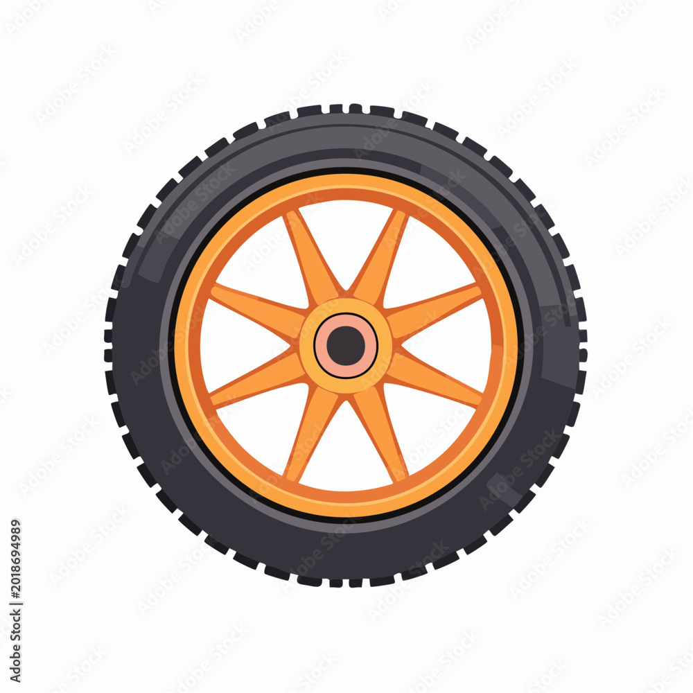 Fototapeta premium Orange Spoke Wheel with Black Tire and Tread Pattern