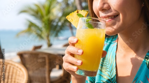 Smiling person holding a refreshing pineapple juice garnished with mint and a pineapple slice, enjoying a tropical beach vacation at a resort cafe on a sunny day.