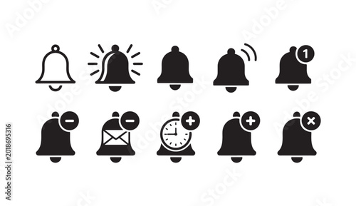 Tableau sur toile Bell notification icons set with status updates plus minus and clock interface elements new