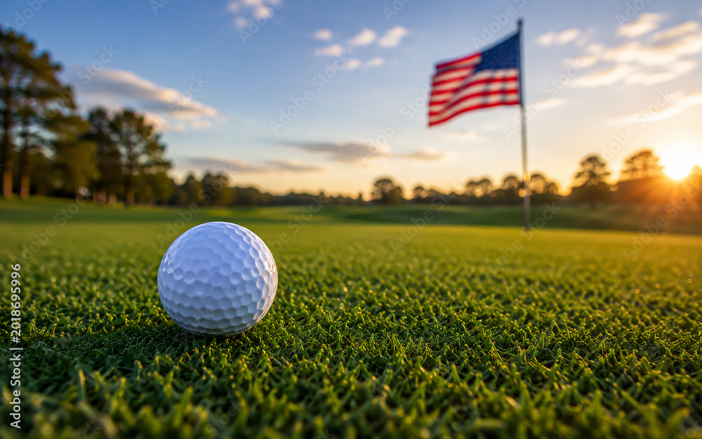 Obraz premium Golf Ball on Green with American Flag in background