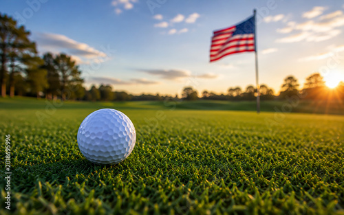Golf Ball on Green with American Flag in background