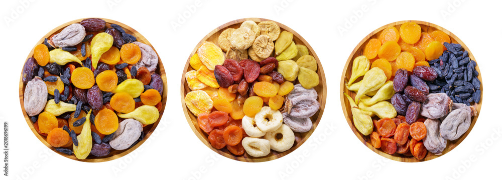 Naklejka premium Set of various plates of dries fruits isolated on transparent background, top view