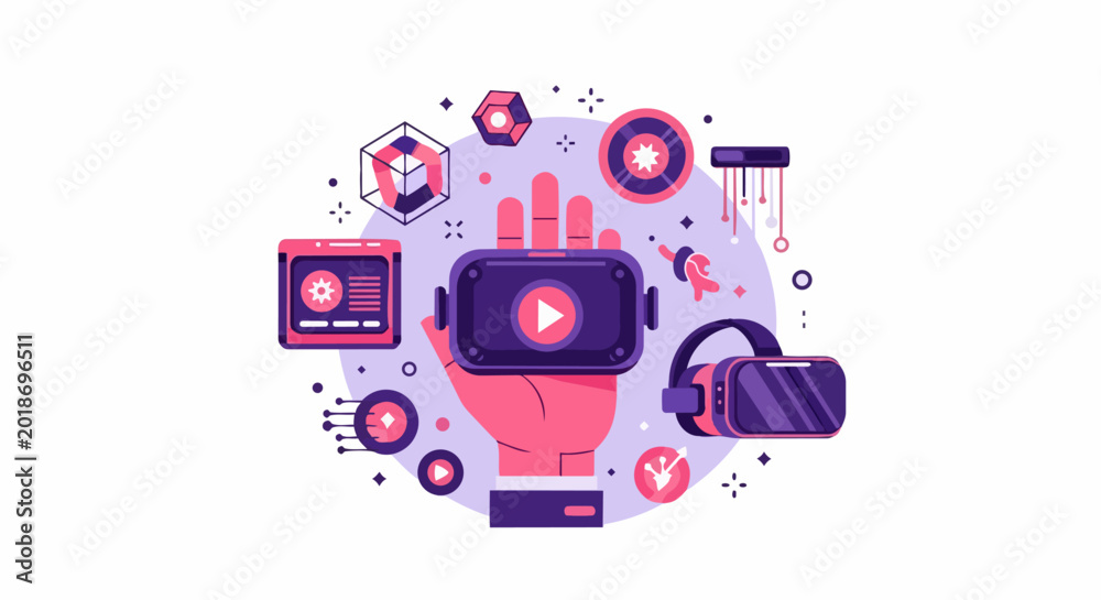 Naklejka premium Virtual Reality and Metaverse Technology Concept Illustration with VR Headset, Digital Interface and Interactive UI Elements