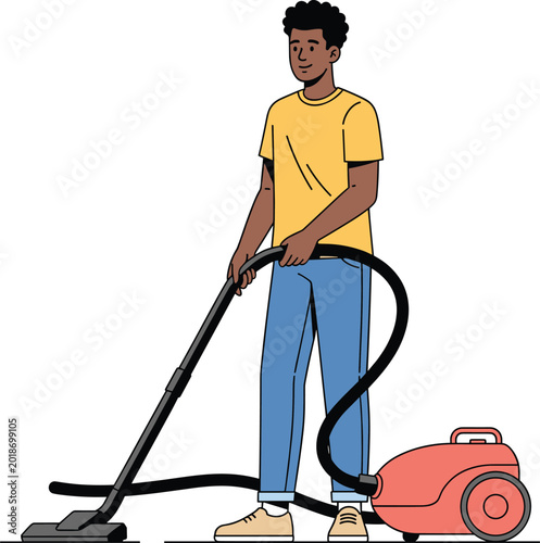 Foto Person vacuuming floor with modern canister vacuum cleaner silhouette vector ill