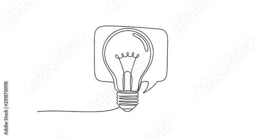 A continuous line drawing of a lightbulb inside a speech bubble represents a singular, brilliant idea or thought, showcasing minimalist creativity.