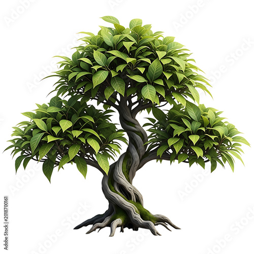 Tree with twisted trunk and green leaves isolated transparent