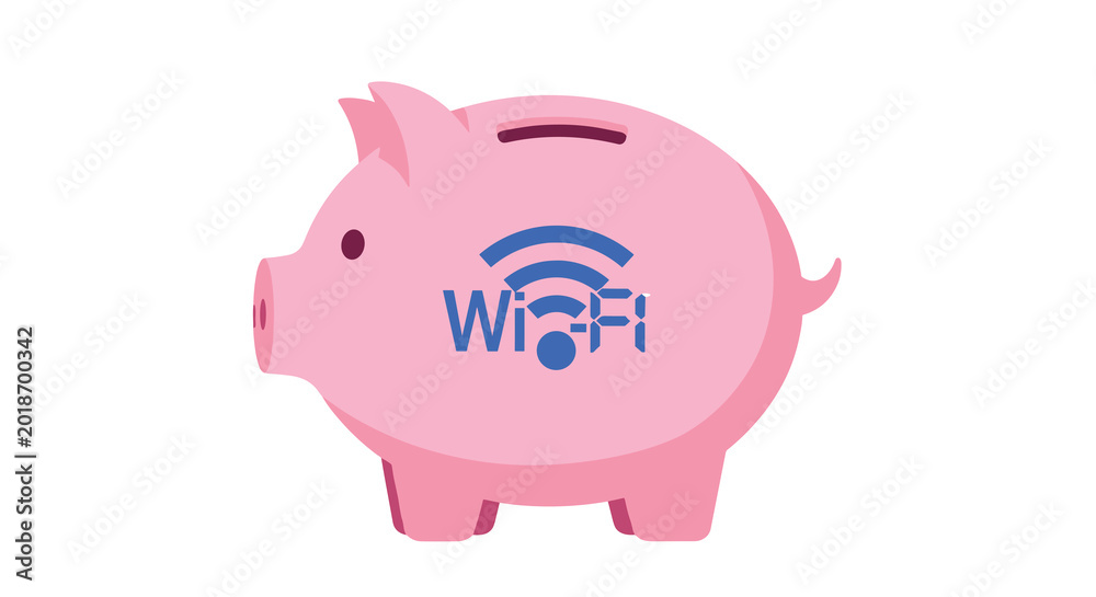 Obraz premium A pink piggy bank features a blue Wi-Fi symbol on its side, representing digital savings and modern online financial connectivity for users.