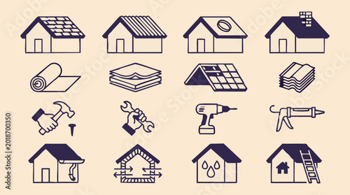 Roofing and Home Repair Line Art Icons Set for Construction and Renovation