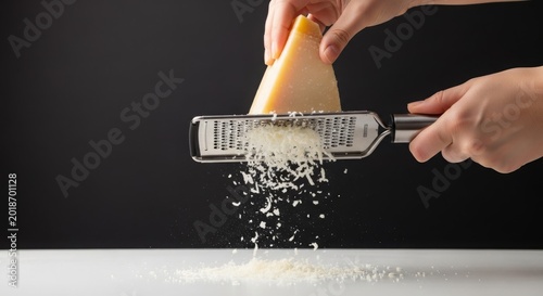 Hand grating a wedge of fresh parmesan cheese on a metal grater creating finely shredded cheese for culinary preparation