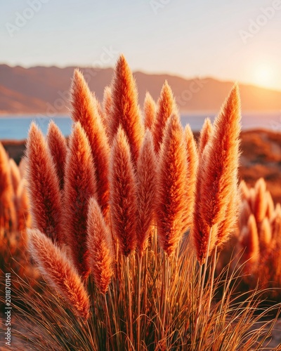 Pampas Grass Plumes Illuminated by Golden Hour Sunset