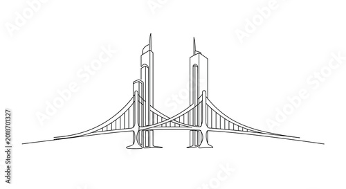 A single continuous line forms a bridge connecting two tall skyscrapers, creating a modern and sleek architectural silhouette on a white background.