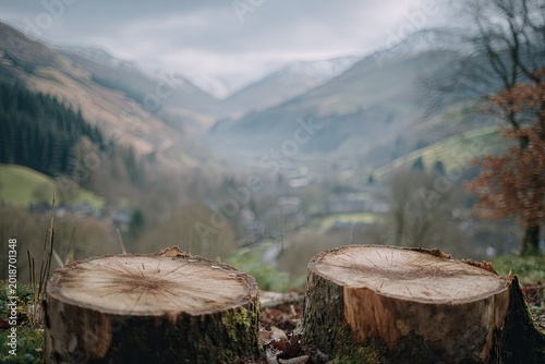 Tree stumps in a valley landscape