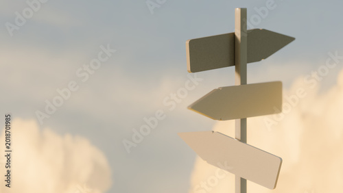 Blank Wooden Signpost with Three Arrows Against Cloudy Sky, 3D Illustration