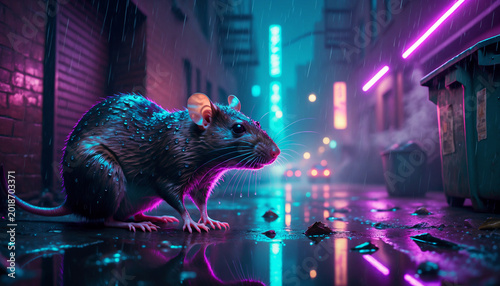 Realistic street rat in rainy urban alley at night, neon reflections on wet ground