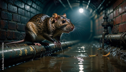 Hyper realistic brown sewer rat standing on wet underground tunnel pipes